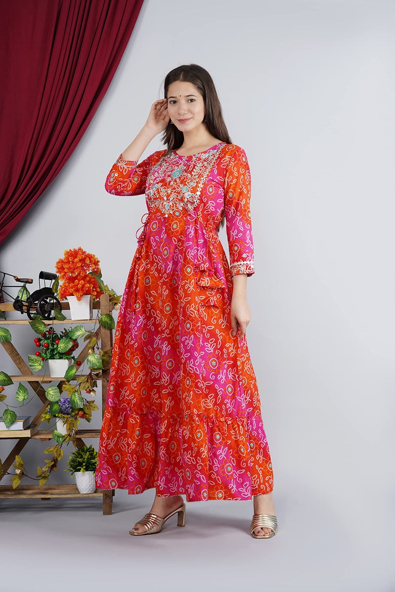MEERA FAB Women's Cotton Printed Anarkali Regular Fit Embroidery Kurti(Red & Orange) (Small, Orange & Red) - Image 3