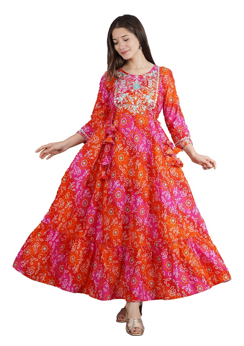 MEERA FAB Women's Cotton Printed Anarkali Regular Fit Embroidery Kurti(Red & Orange) (Small, Orange & Red) - Image 1