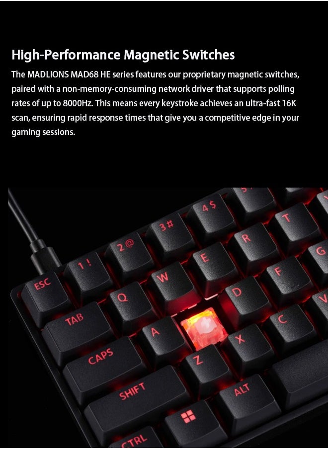 Mad60HE RGB لوحة المفاتيح الميكانيكية المفاتيح المغناطيسية تبادل الساخنة مخصصة 8KHZ FPS لوحة المفاتيح الألعاب مع التشغيل القابل للتعديل ، 8000 هرتز معدل الاستطلاع ، وضع الزناد السريع ، مفاتيح تأثير القاعة ، للكمبيوتر الشخصي / ماك ، الأسود