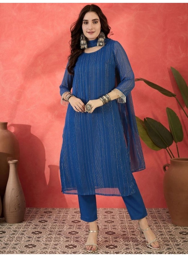 AKS Navy Blue Lurex Georgette Kurta Set - Image 1