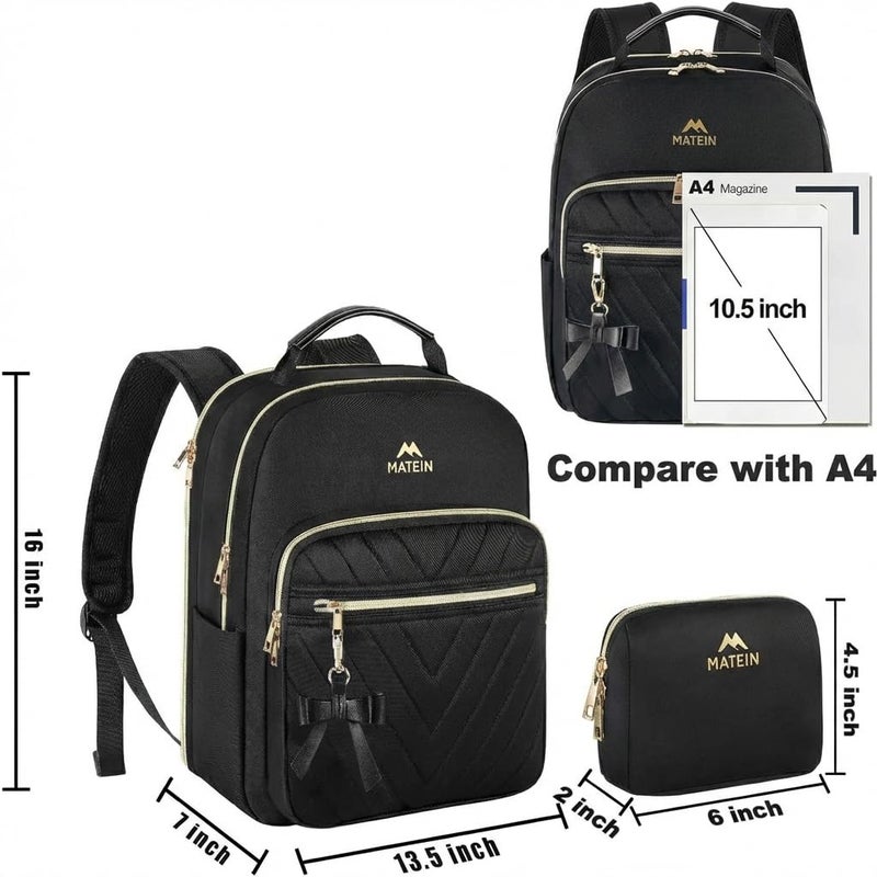 MATEIN Backpack Purse for Women, 15.6 inch Cute Stylish Waterproof Backpack Purse, Fashion Waterproof Casual Daily Shoulder Bag for College Work Travel, Gifts for Ladies, 2pcs Set, Black - Image 2