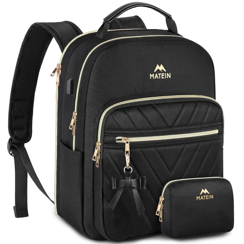 MATEIN Backpack Purse for Women, 15.6 inch Cute Stylish Waterproof Backpack Purse, Fashion Waterproof Casual Daily Shoulder Bag for College Work Travel, Gifts for Ladies, 2pcs Set, Black - Image 4