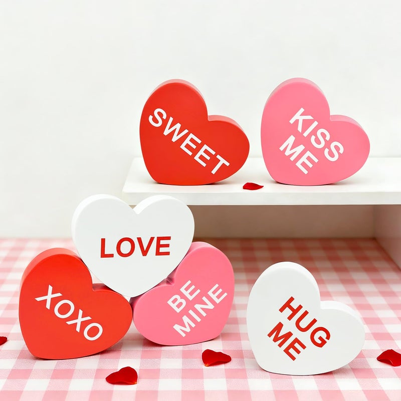 Leetous Valentines Day Decorations 6 PCS, Wooden Conversation Heart Decor for Home Table,Red White Pink Candy Heart Signs Centerpiece for Indoor Office Tiered Tray Fireplace,Valentine Gift for Couples Wedding - Image 2