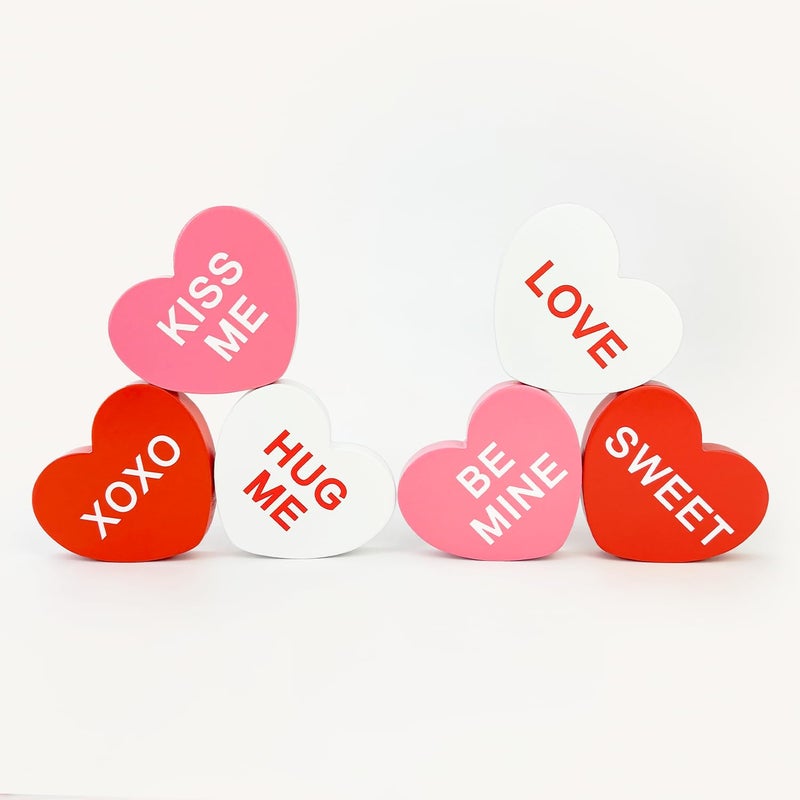 Leetous Valentines Day Decorations 6 PCS, Wooden Conversation Heart Decor for Home Table,Red White Pink Candy Heart Signs Centerpiece for Indoor Office Tiered Tray Fireplace,Valentine Gift for Couples Wedding - Image 5