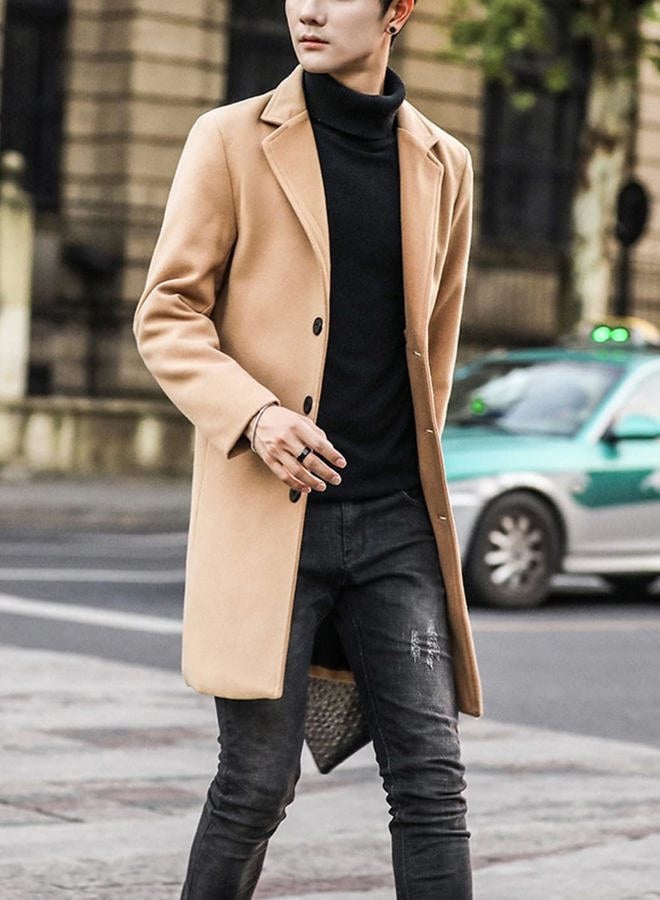 Springrain Men's Wool Blend Pea Coat Notched Collar Single Breasted Overcoat Warm Winter Trench Coat(Khaki-XS) - Image 3