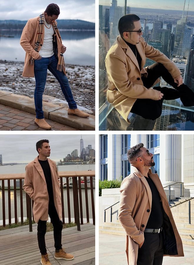 Springrain Men's Wool Blend Pea Coat Notched Collar Single Breasted Overcoat Warm Winter Trench Coat(Khaki-XS) - Image 4