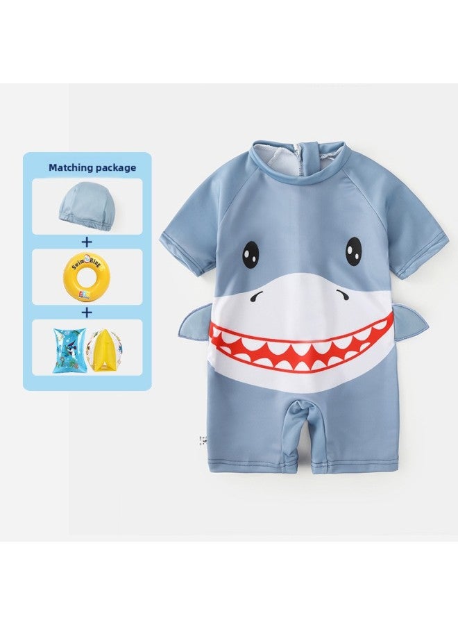 إسكدنيا ملابس سباحة للأطفال الأولاد بدلة سباحة بغطاء للرأس للأطفال الأولاد سراويل سباحة للأطفال الكبار ملابس سباحة احترافية للربيع الساخن - اللون: سمك القرش سمك القرش قطعة واحدة قبعة سباحة AB حلقة سباحة للذ - Image 1