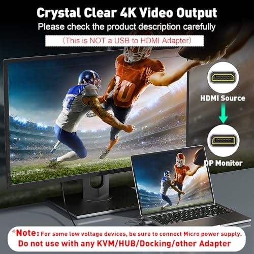 UANTIN HDMI to DisplayPort Adapter (4K 60Hz,1080p 120Hz) Uni-Directional Only, HDMI (Source) to DP (Display) Converter Male to Female for Laptop,AMD,NVIDIA,PS5,Xbox and More - 1 Pack - Image 2