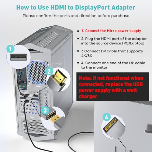 UANTIN HDMI to DisplayPort Adapter (4K 60Hz,1080p 120Hz) Uni-Directional Only, HDMI (Source) to DP (Display) Converter Male to Female for Laptop,AMD,NVIDIA,PS5,Xbox and More - 1 Pack - Image 4