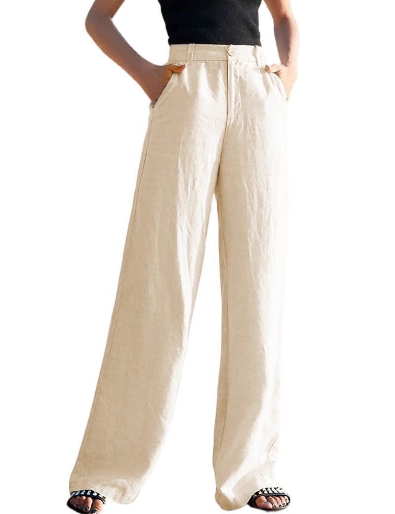 Hooever Womens Casual High Waisted Wide Leg Pants Button Up Straight Leg Trousers Apricot Medium