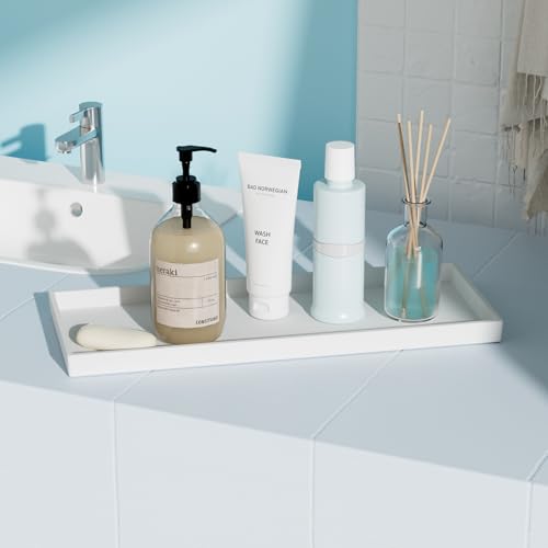 Mriluvy Vanity and Bathroom Tray, 15" ABS Countertop Organizer,Waterproof Vanity Tray for Toilet Tank,Perfume,Soap,Keys,Bathroom Accessories,Kitchen and Bath Trays,Non Slip Small Trays,White - Image 3