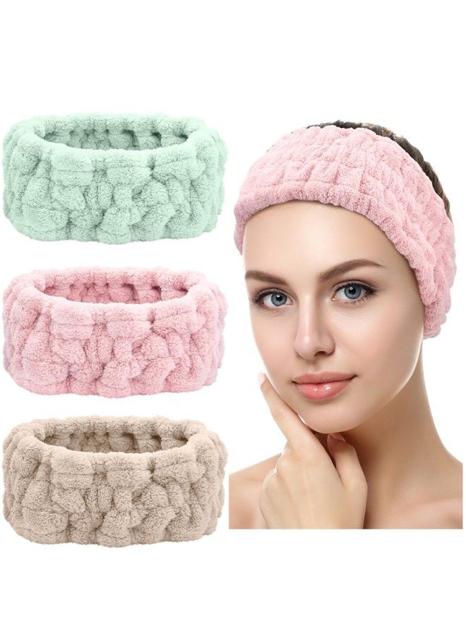 Chuangdi 3 Pieces Terry Cloth Elastic Headbands for Women - Makeup, Face Washing, Yoga, Sports, Shower (Pink, Green, Brown)  - Image 1