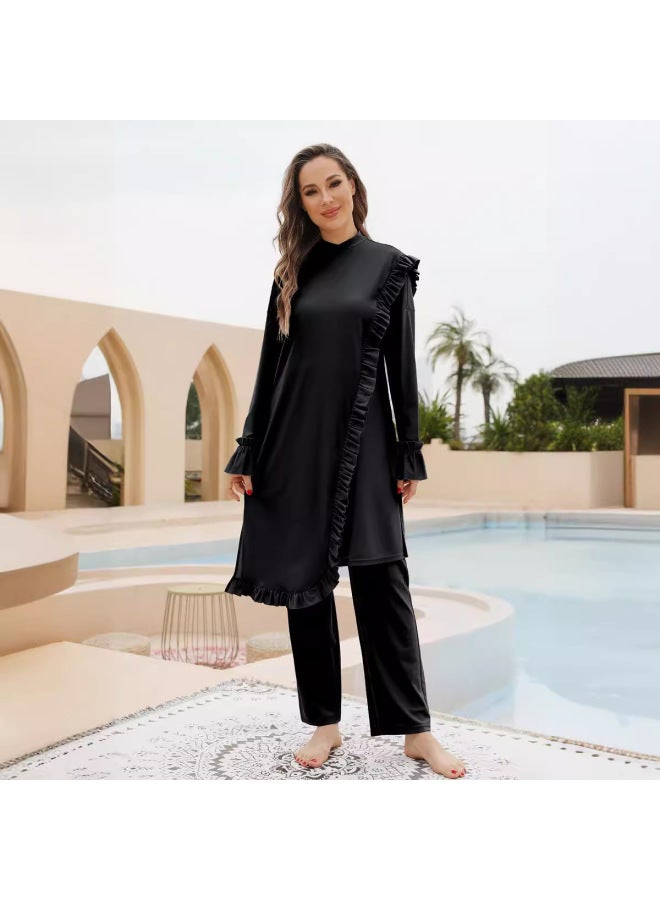 Outdoor Loose Surfing Diving Swimsuit Three-Piece Set Full-Surrounded Sun Protection Split Conservative Swimsuit Chest Pad-Color:Black-