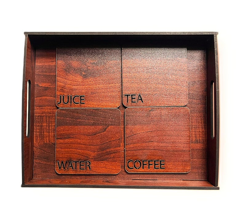 Nishomes Wooden Serving Tray with 4 Coasters, Dark Brown, Tea Coffee Juice Water Engraved Design, Rectangle Shape with Handles - Image 1