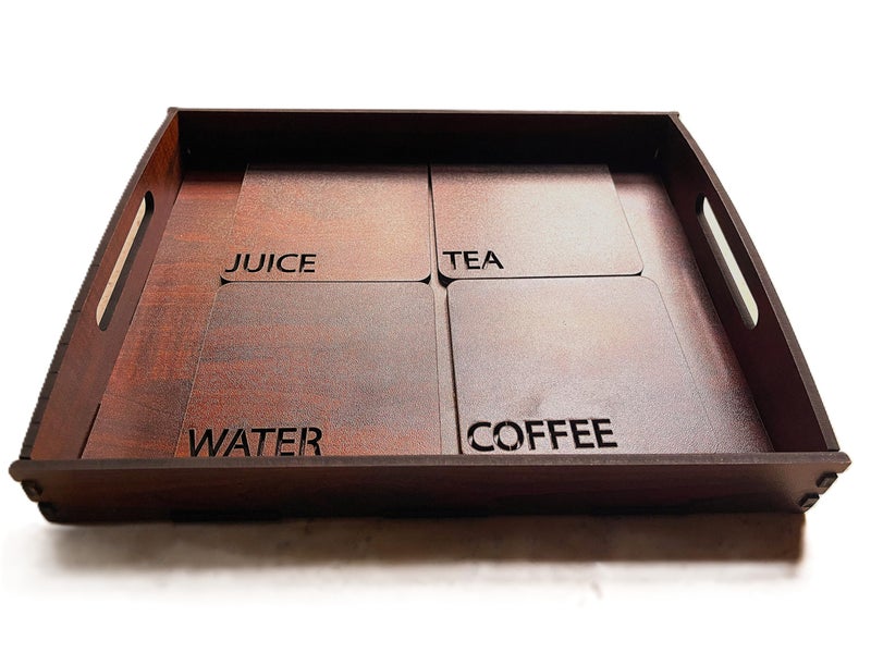 Nishomes Wooden Serving Tray with 4 Coasters, Dark Brown, Tea Coffee Juice Water Engraved Design, Rectangle Shape with Handles - Image 3