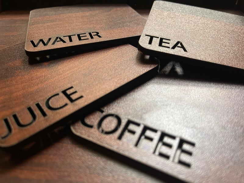 Nishomes Wooden Serving Tray with 4 Coasters, Dark Brown, Tea Coffee Juice Water Engraved Design, Rectangle Shape with Handles - Image 2