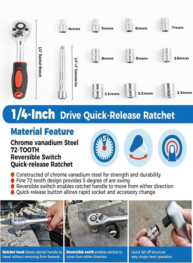 MLD 12 pcs Socket Set, 2 Way Quick Release Ratchet Spanner Tool Kit Set & 1/4 Chrome Vanadium Steel Socket Tool kit, Fixed Square end and Hex end DPKS-1802 (Material Plastic and Steel,Multicolor) - Image 5