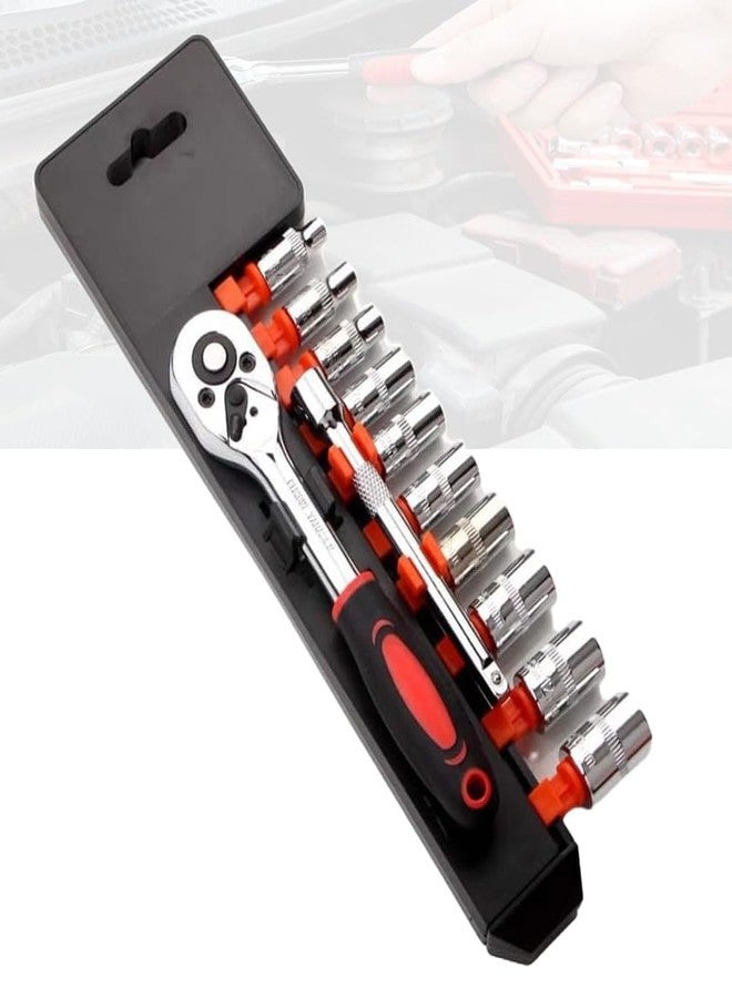 MLD 12 pcs Socket Set, 2 Way Quick Release Ratchet Spanner Tool Kit Set & 1/4 Chrome Vanadium Steel Socket Tool kit, Fixed Square end and Hex end DPKS-1802 (Material Plastic and Steel,Multicolor) - Image 1