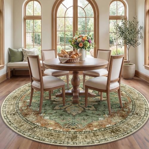 RELEANY Area Rugs Round 7ft Washable Non-Slip, Floral Vintage Distress Print Pattern Medallion Carpet for Living Room Bedroom Dining Room, Brick Red Rust Neutral Brown Burnt Orange Green - Image 1