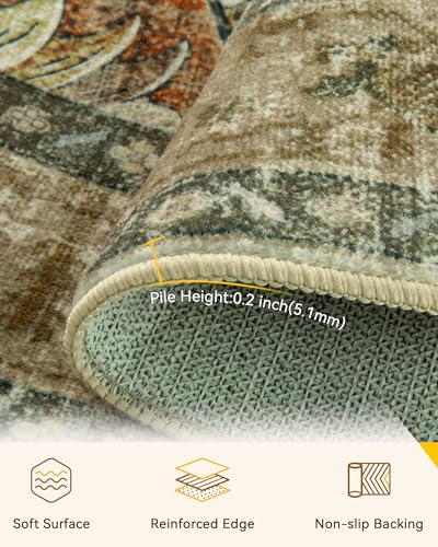 RELEANY Area Rugs Round 7ft Washable Non-Slip, Floral Vintage Distress Print Pattern Medallion Carpet for Living Room Bedroom Dining Room, Brick Red Rust Neutral Brown Burnt Orange Green - Image 3