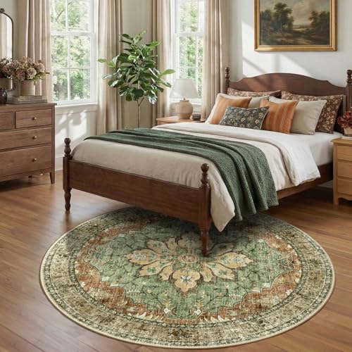 RELEANY Area Rugs Round 7ft Washable Non-Slip, Floral Vintage Distress Print Pattern Medallion Carpet for Living Room Bedroom Dining Room, Brick Red Rust Neutral Brown Burnt Orange Green - Image 2