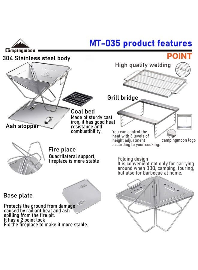 camping moon MT-035 Portable Wood Burning Grill and Fire Pit Stainless Steel 14 x 15.35 Inch with Carrying Bag - Image 3