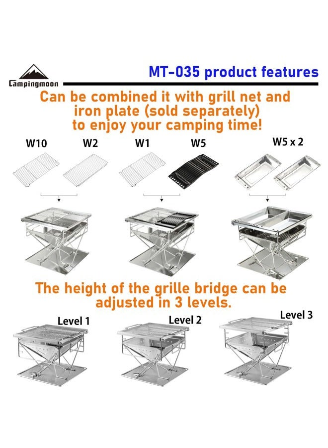 camping moon MT-035 Portable Wood Burning Grill and Fire Pit Stainless Steel 14 x 15.35 Inch with Carrying Bag - Image 4