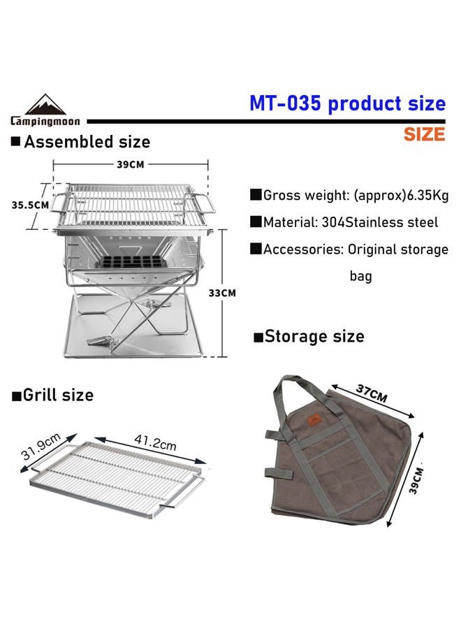 camping moon MT-035 Portable Wood Burning Grill and Fire Pit Stainless Steel 14 x 15.35 Inch with Carrying Bag - Image 2