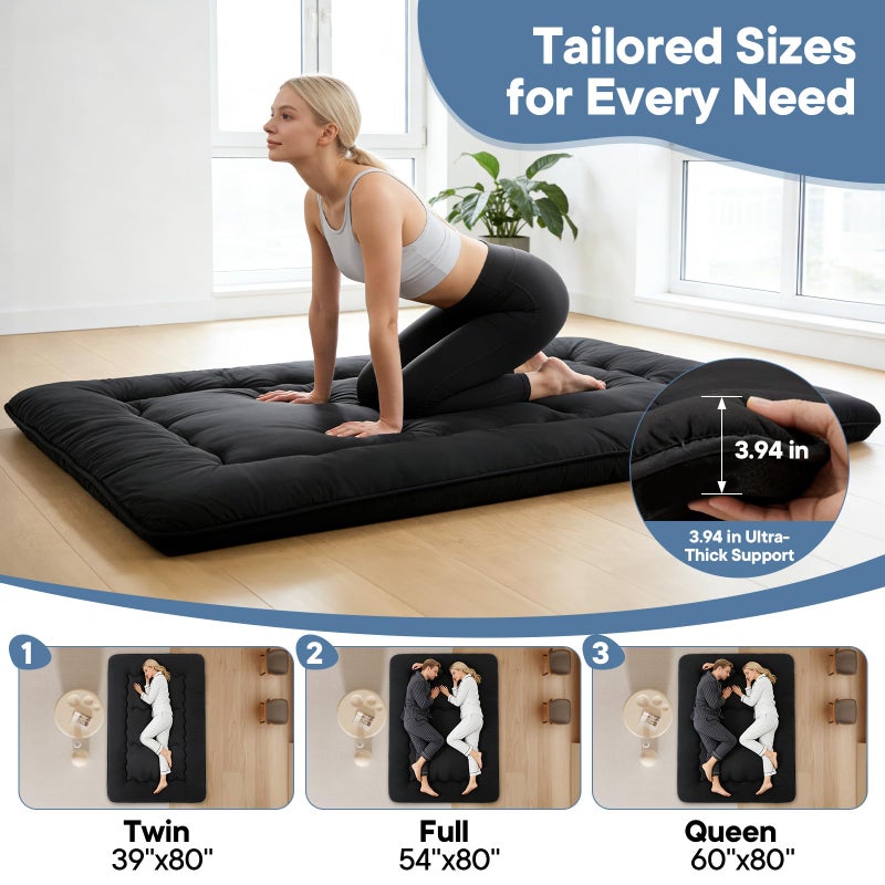 DUMOS Japanese Floor Mattress Twin Size 4-Inch, Futon Mattress Foldable with Removable Washable Cover, Portable Roll Up Tatami Mat for Kids Room, Dorm, Sleepovers and Solo Sleeper, Black - Image 3