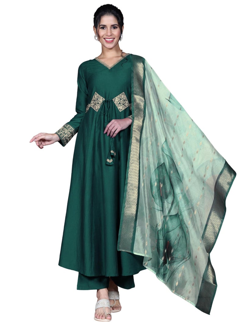 EthnicJunction Women's Cotton Silk Embroidered Anarkali Kurta Palazzo With Digital Print Dupatta Set - Image 1