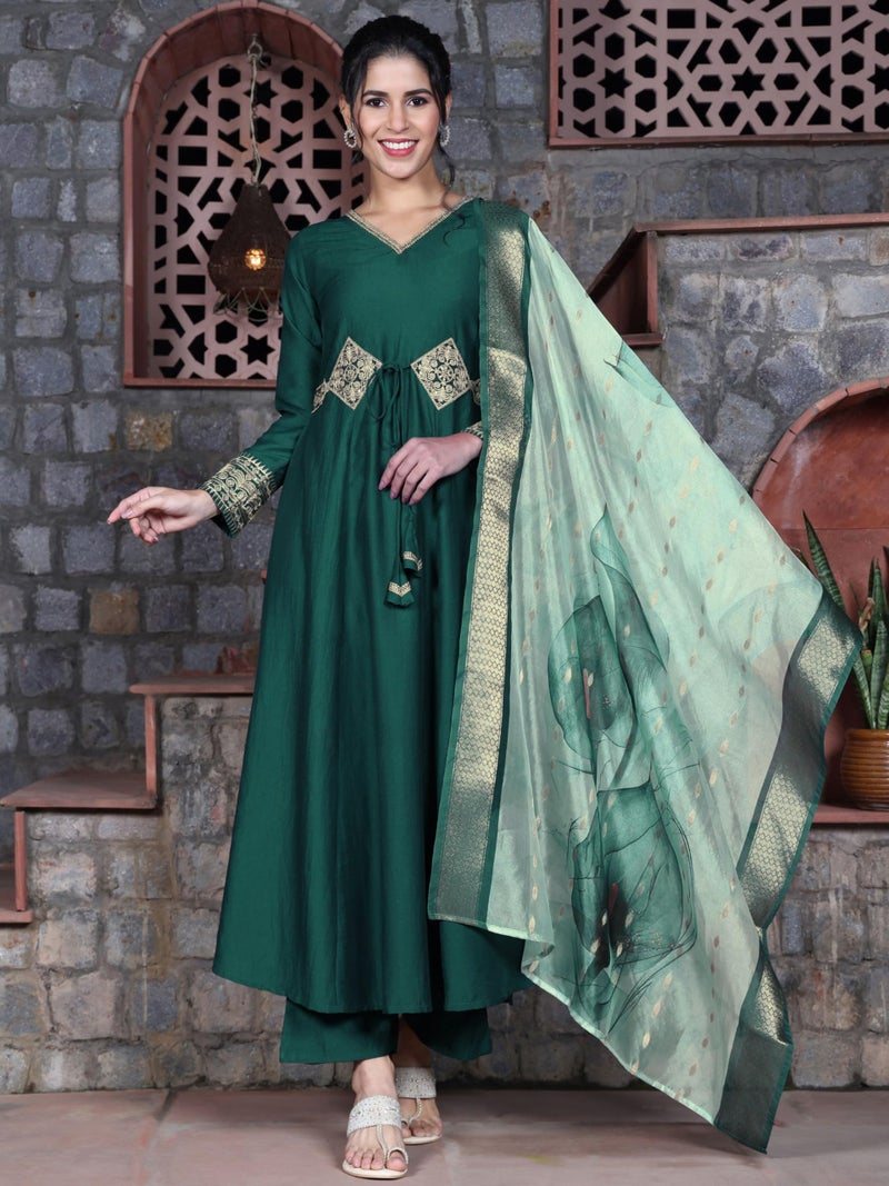 EthnicJunction Women's Cotton Silk Embroidered Anarkali Kurta Palazzo With Digital Print Dupatta Set - Image 3
