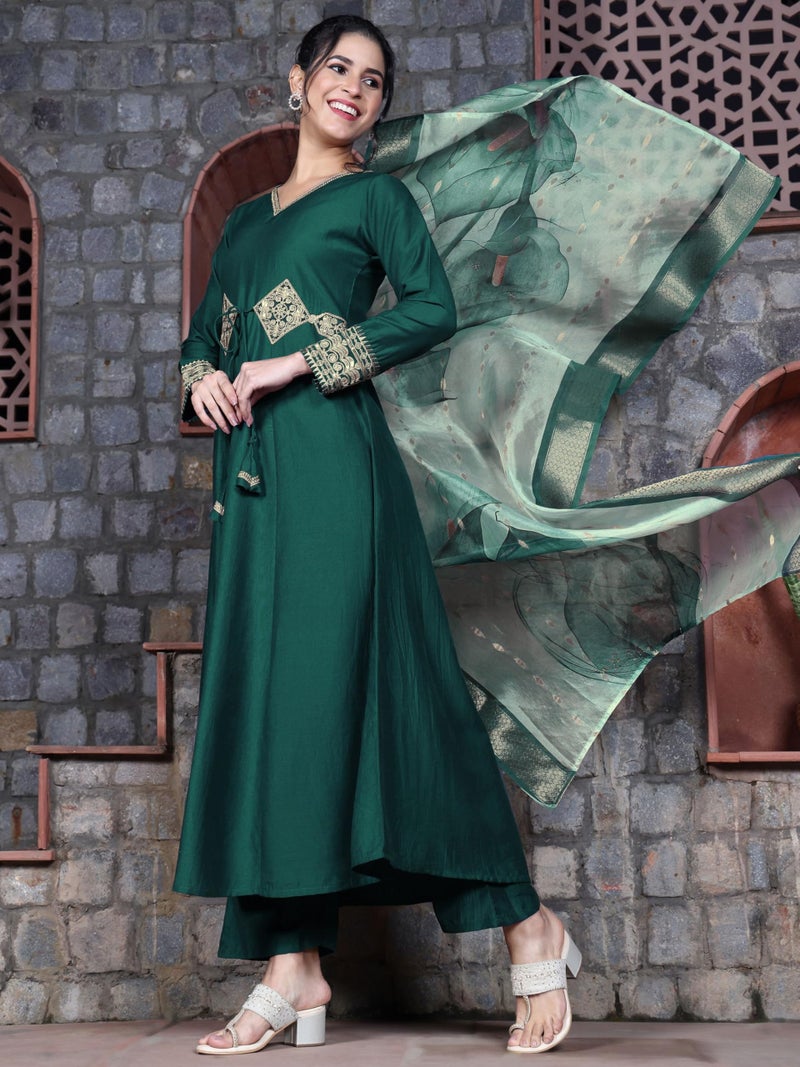 EthnicJunction Women's Cotton Silk Embroidered Anarkali Kurta Palazzo With Digital Print Dupatta Set - Image 4