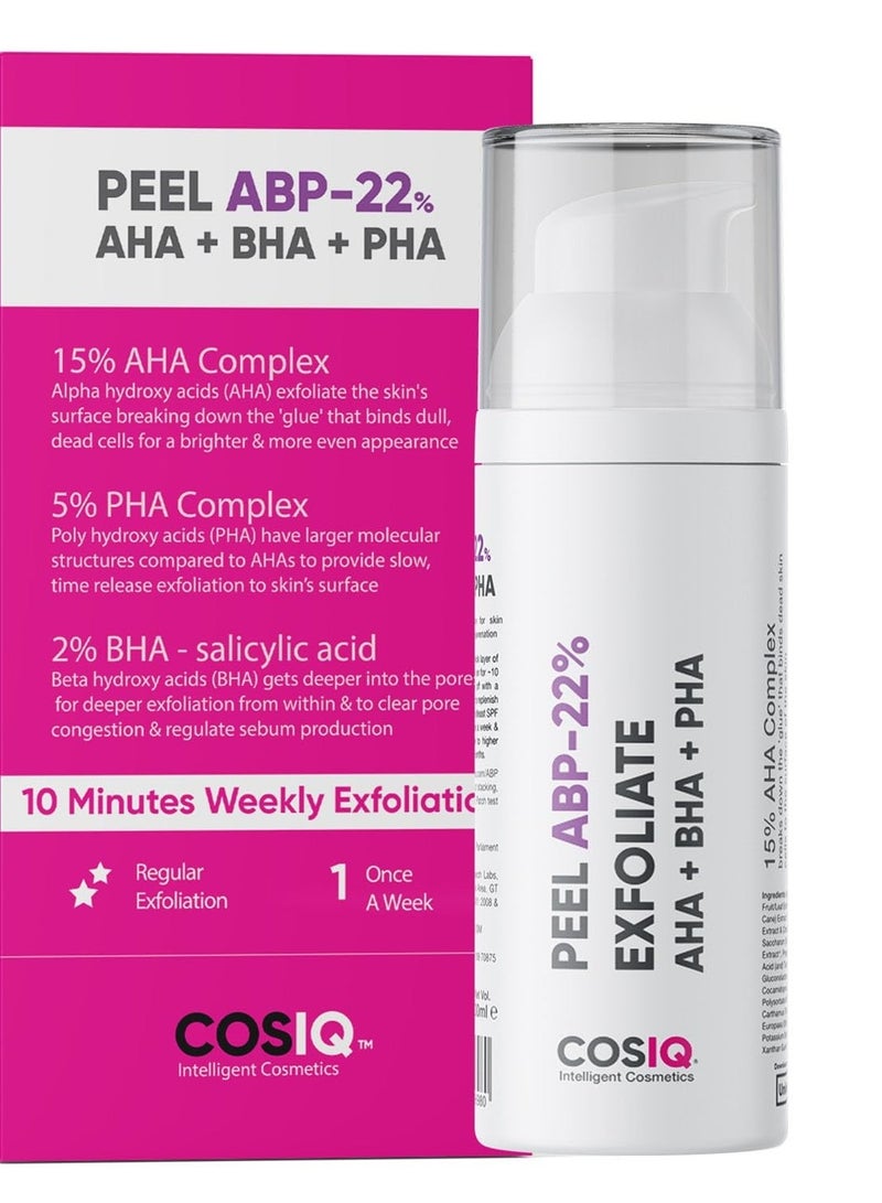 CosIQ Cos-IQ peel ABP  22 % ,15% AHA + 2% BHA + 5% PHA Peeling Solution Serum for Glowing Skin, Smooth Texture & Pore Cleansing | 22% AHA BHA PHA Peel For Regular Exfoliating Peel | 30ml - Image 1