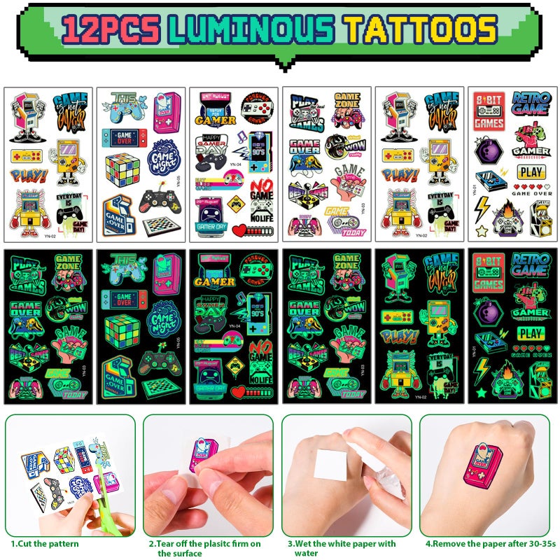 Winrayk 12 Sets Video Game Party Favors Gamer Birthday Supplies, Gaming Drawstring Bag Silicone Wristband Glow In The Dark Tattoos Keychain, Kid Game On Goodie Bag Stuffers Gamer Party favors Supplies - Image 5
