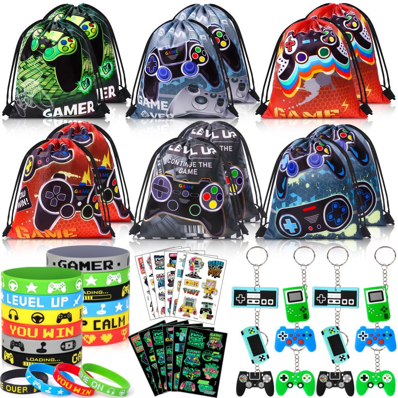 Winrayk 12 Sets Video Game Party Favors Gamer Birthday Supplies, Gaming Drawstring Bag Silicone Wristband Glow In The Dark Tattoos Keychain, Kid Game On Goodie Bag Stuffers Gamer Party favors Supplies - Image 1