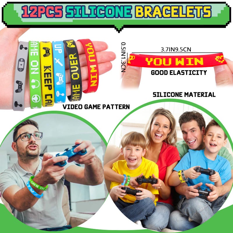 Winrayk 12 Sets Video Game Party Favors Gamer Birthday Supplies, Gaming Drawstring Bag Silicone Wristband Glow In The Dark Tattoos Keychain, Kid Game On Goodie Bag Stuffers Gamer Party favors Supplies - Image 3