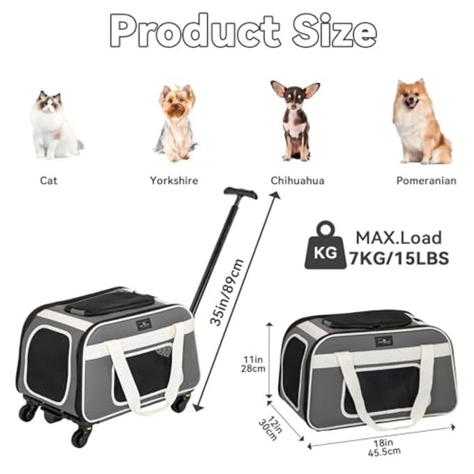 rayihni Airline Approved Cat Carrier With Wheels Designed For Small Dogs/Cats With Adjustable Safety Rope & Removable Wheels - Image 2