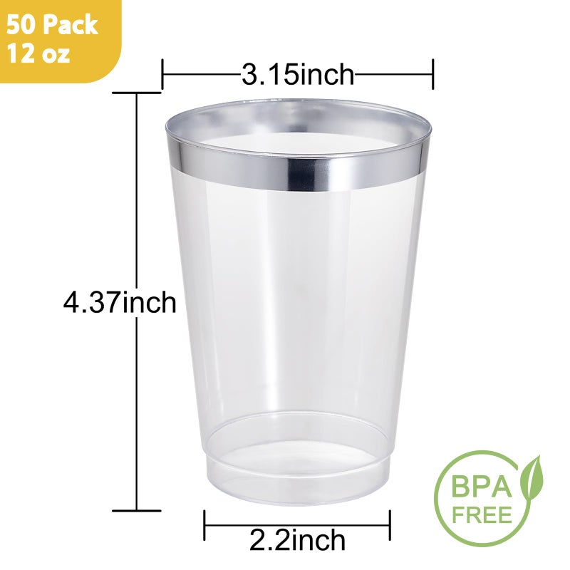 I00000 50 Pack 12 oz Silver Rimmed Disposable Cups  Heavy Duty Plastic Tumblers for Party - Image 1