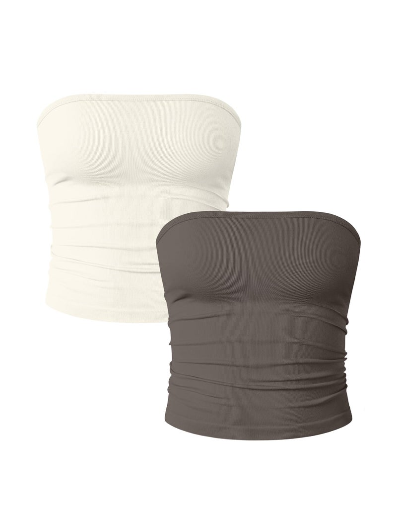 OQQ Womens 2 Piece Tube Tops Strapless Basic Sleeveless Stretch Classic-Fit Shirts Sexy Crop Tops Tea leaf Beige - Image 1