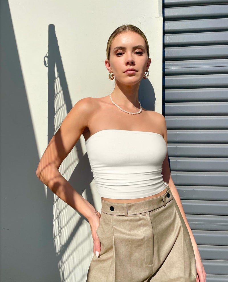 OQQ Womens 2 Piece Tube Tops Strapless Basic Sleeveless Stretch Classic-Fit Shirts Sexy Crop Tops Tea leaf Beige - Image 3