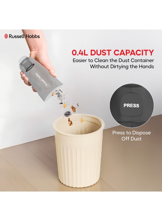 Russell Hobbs Cordless Hand Vacuum with Rechargeable Battery (2000mAh), Ideal for Home & Car, Easy Storage Type-C Charging & 4-piece Accessories Kit 400 ml 70 W V01 black - Image 4