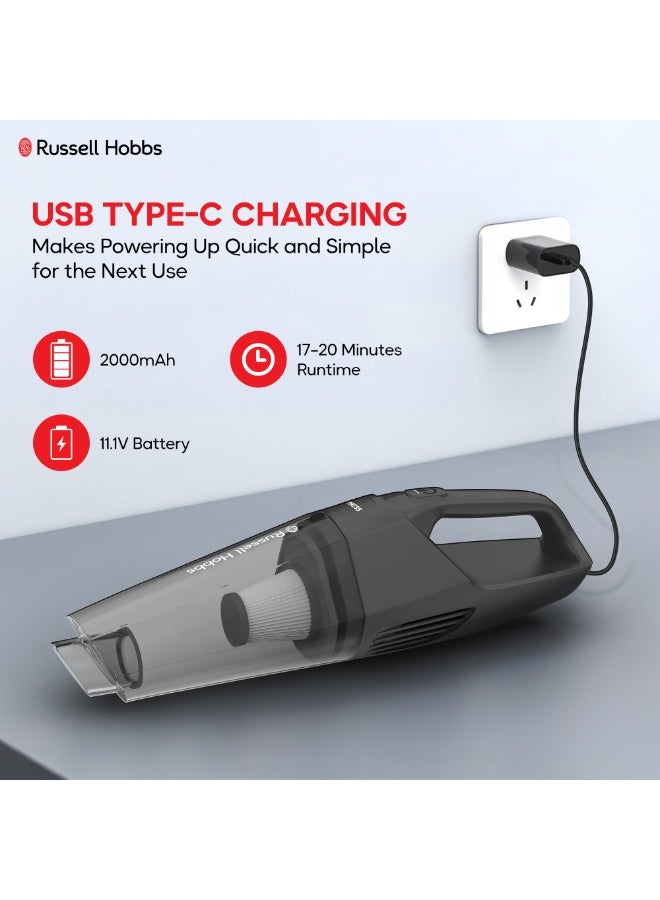 Russell Hobbs Cordless Hand Vacuum with Rechargeable Battery (2000mAh), Ideal for Home & Car, Easy Storage Type-C Charging & 4-piece Accessories Kit 400 ml 70 W V01 black - Image 5