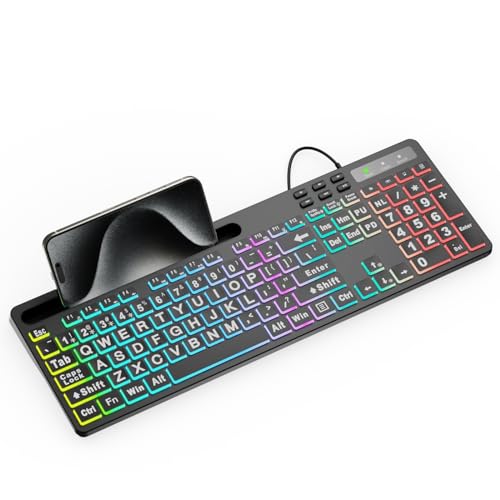 MARVO Large Print Backlit Keyboard, WK712 Wired Computer Keyboards with 7 Colors & 11 Modes Backlight, Tablet Phone Holder and Quiet Light Up Keys, Full-Size Gaming Keyboard for Windows, Mac - Image 1
