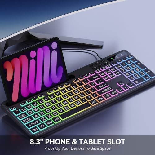 MARVO Large Print Backlit Keyboard, WK712 Wired Computer Keyboards with 7 Colors & 11 Modes Backlight, Tablet Phone Holder and Quiet Light Up Keys, Full-Size Gaming Keyboard for Windows, Mac - Image 5