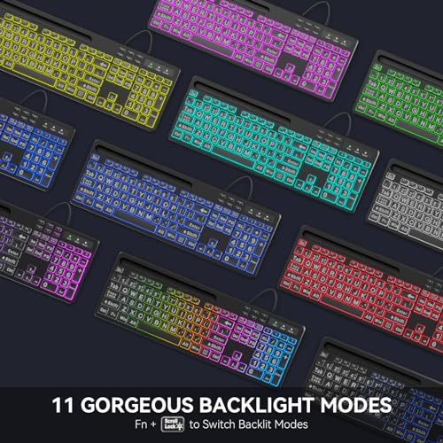 MARVO Large Print Backlit Keyboard, WK712 Wired Computer Keyboards with 7 Colors & 11 Modes Backlight, Tablet Phone Holder and Quiet Light Up Keys, Full-Size Gaming Keyboard for Windows, Mac - Image 4