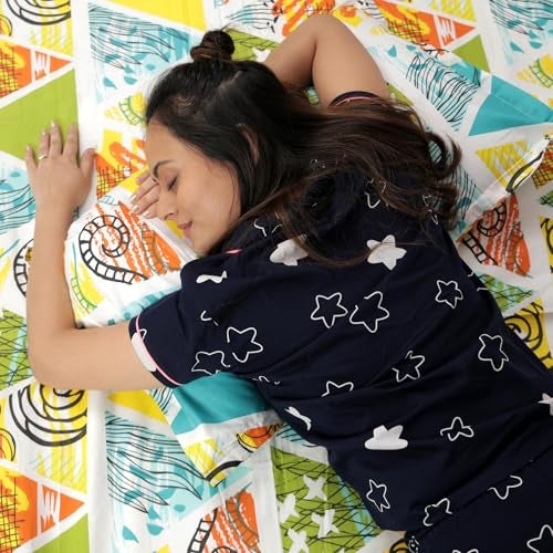 Divine Casa 100% Cotton 144 TC Bedsheet for Double Bed King Size Bedsheet with 2 Pillow Covers (Size:270 X 270 cm, Aqua & Mustard, Abstract) - Image 5
