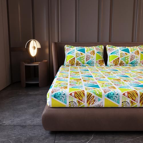 Divine Casa 100% Cotton 144 TC Bedsheet for Double Bed King Size Bedsheet with 2 Pillow Covers (Size:270 X 270 cm, Aqua & Mustard, Abstract) - Image 3