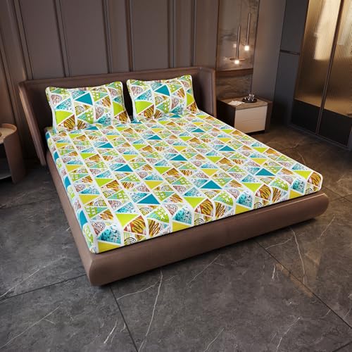 Divine Casa 100% Cotton 144 TC Bedsheet for Double Bed King Size Bedsheet with 2 Pillow Covers (Size:270 X 270 cm, Aqua & Mustard, Abstract) - Image 1