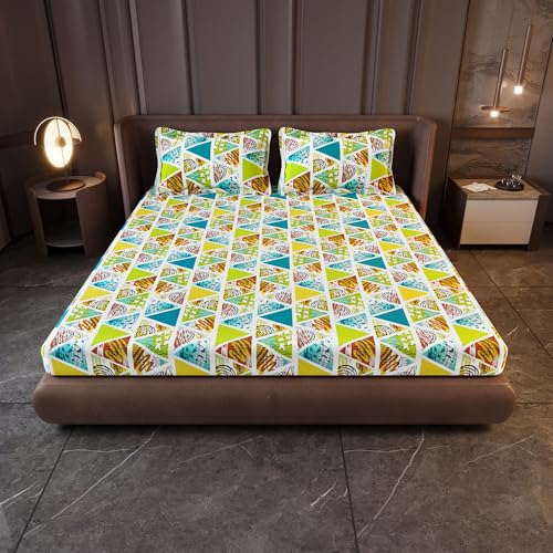 Divine Casa 100% Cotton 144 TC Bedsheet for Double Bed King Size Bedsheet with 2 Pillow Covers (Size:270 X 270 cm, Aqua & Mustard, Abstract) - Image 2