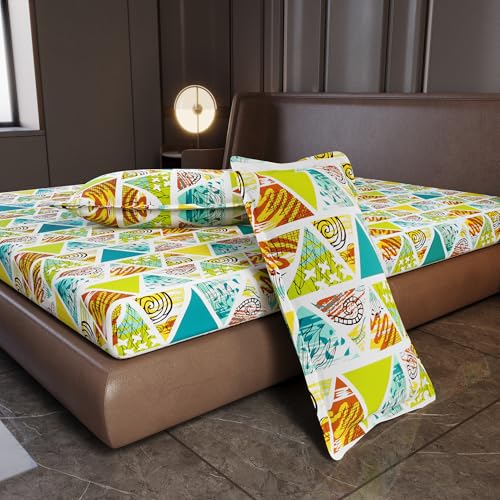 Divine Casa 100% Cotton 144 TC Bedsheet for Double Bed King Size Bedsheet with 2 Pillow Covers (Size:270 X 270 cm, Aqua & Mustard, Abstract) - Image 4
